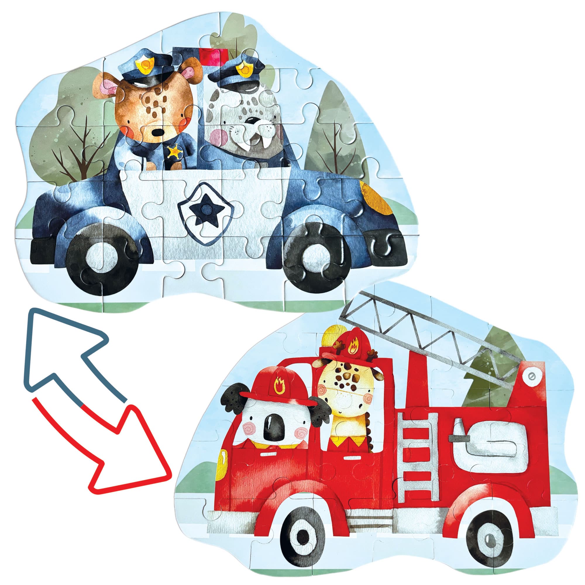 Double-sided mini puzzle featuring police car and fire truck